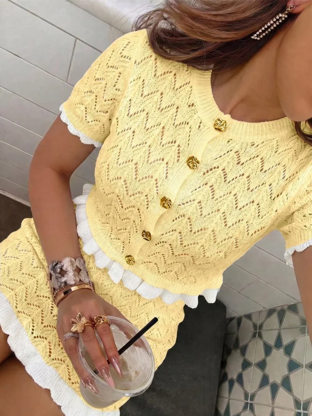 Yellow Casual Women's Knit Floral Pattern Ruffle Short Sleeve Top + Skirt Set